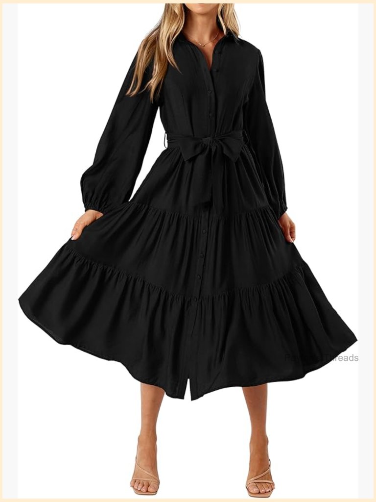 Long Sleeve V-Neck Button Down Tiered A-Line Midi Dress With Pockets